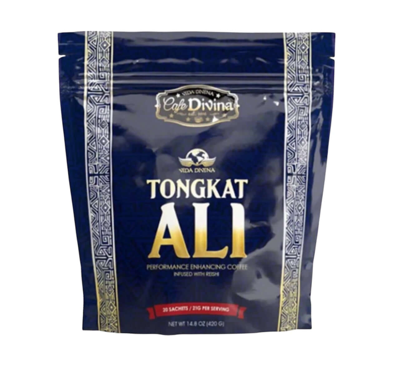 Tongkat Ali de Vida Divina coffee packaging with herbal extract, 30 individual sachets for performance enhancement.