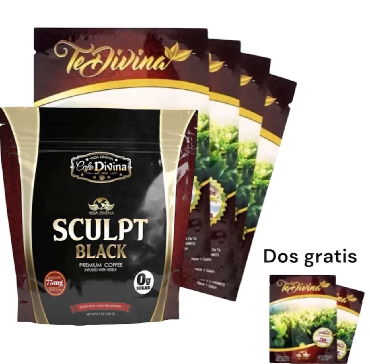 Te Divina Sculpt Black coffee packaging with promotional items, showcasing healthy energy and focus benefits.