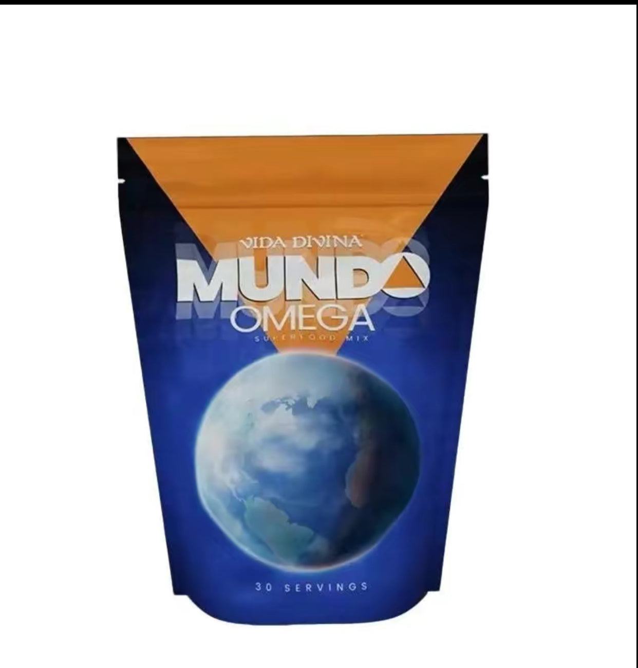 Mundo Omega Powder Supplement Natural from Vida Divina, featuring a blue and orange package, 30 servings.