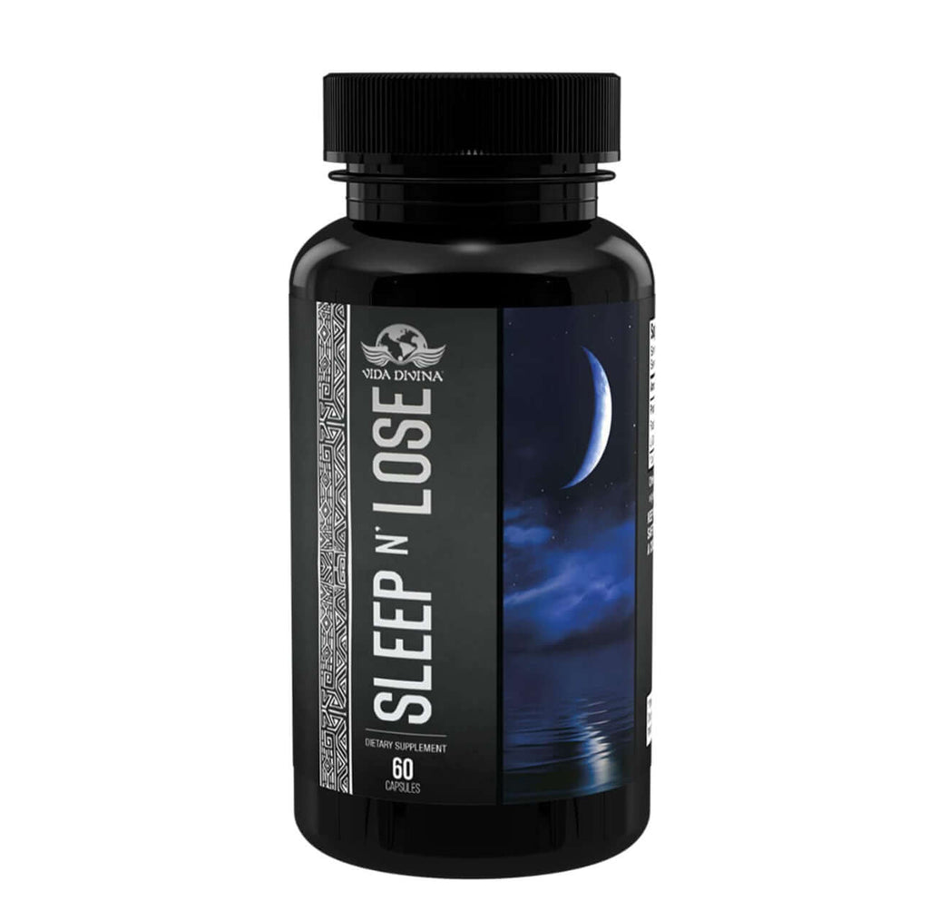 SLEEP N LOSE VIDA DIVINA supplement bottle for improved sleep quality and weight management, productos naturales.