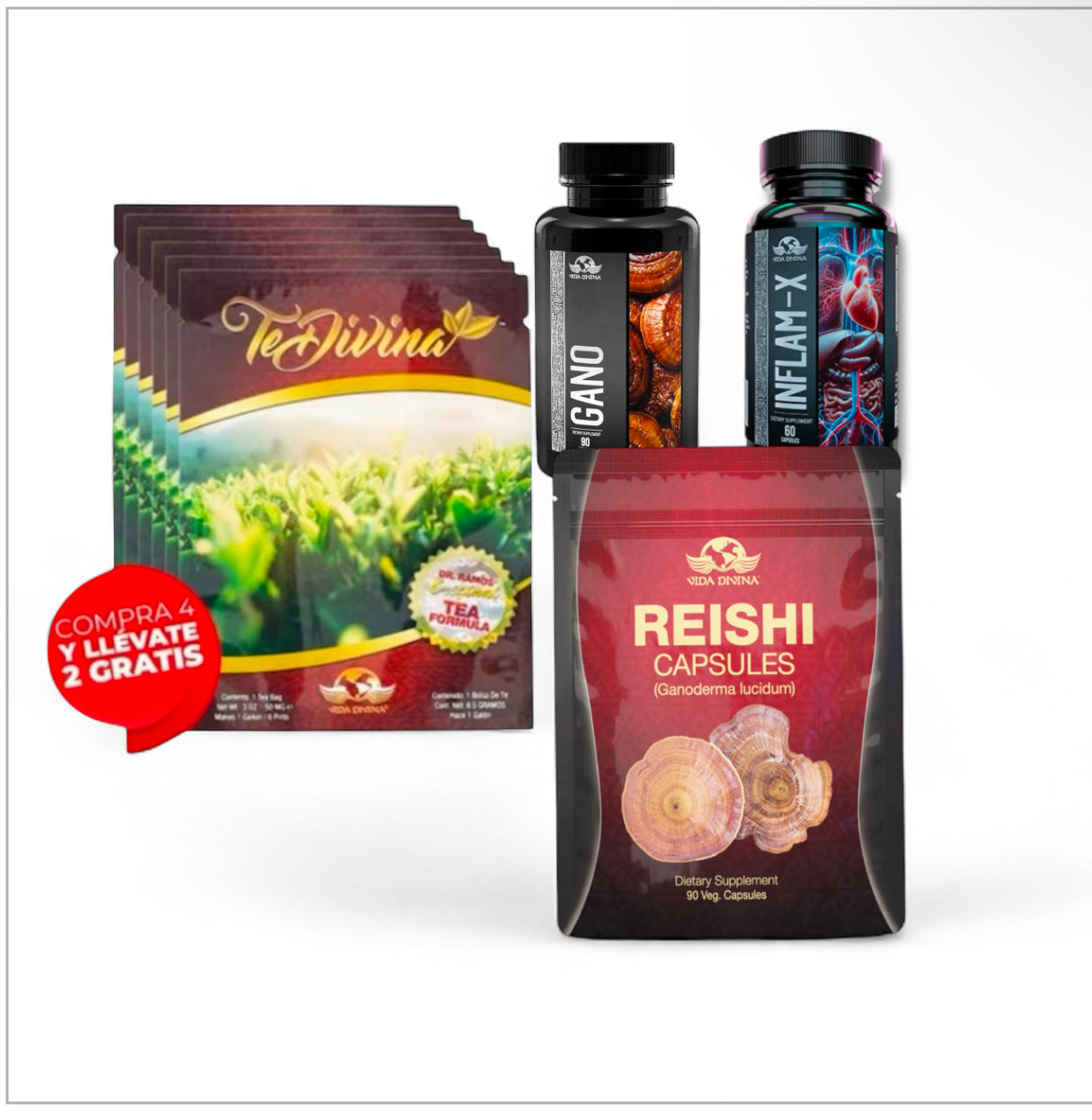 Vida Divina Pack – Té Divina, Reishi Capsules, Gano & Inflam-X | Natural Wellness