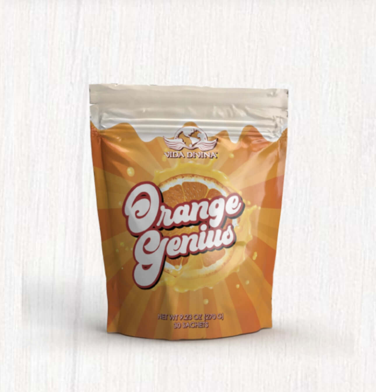Paquete de Orange Genius de Vida Divina, una mezcla natural para energía y vitalidad, con diseño colorido y atractivo.
