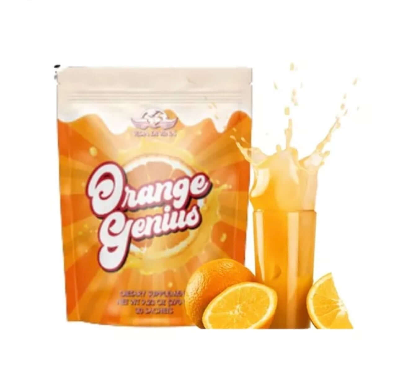 Paquete de Orange Genius con jugo de naranja y rodajas de naranja fresco, energía natural y vitalidad.