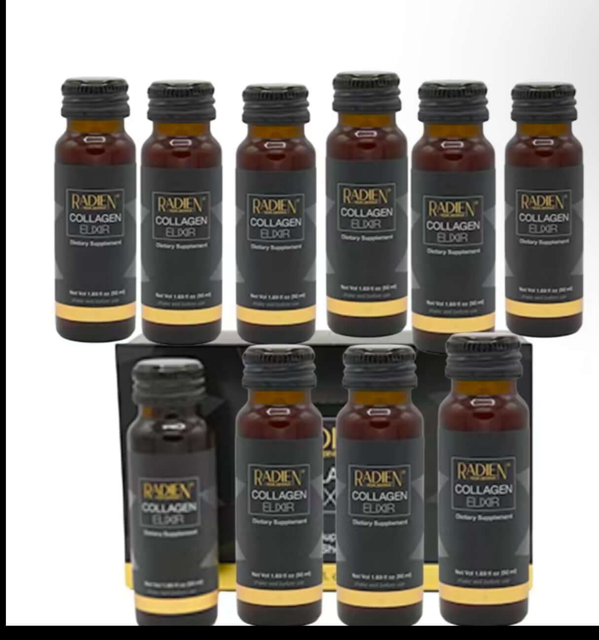 Pack of 10 bottles of Radien Collagen Elixir dietary supplement.