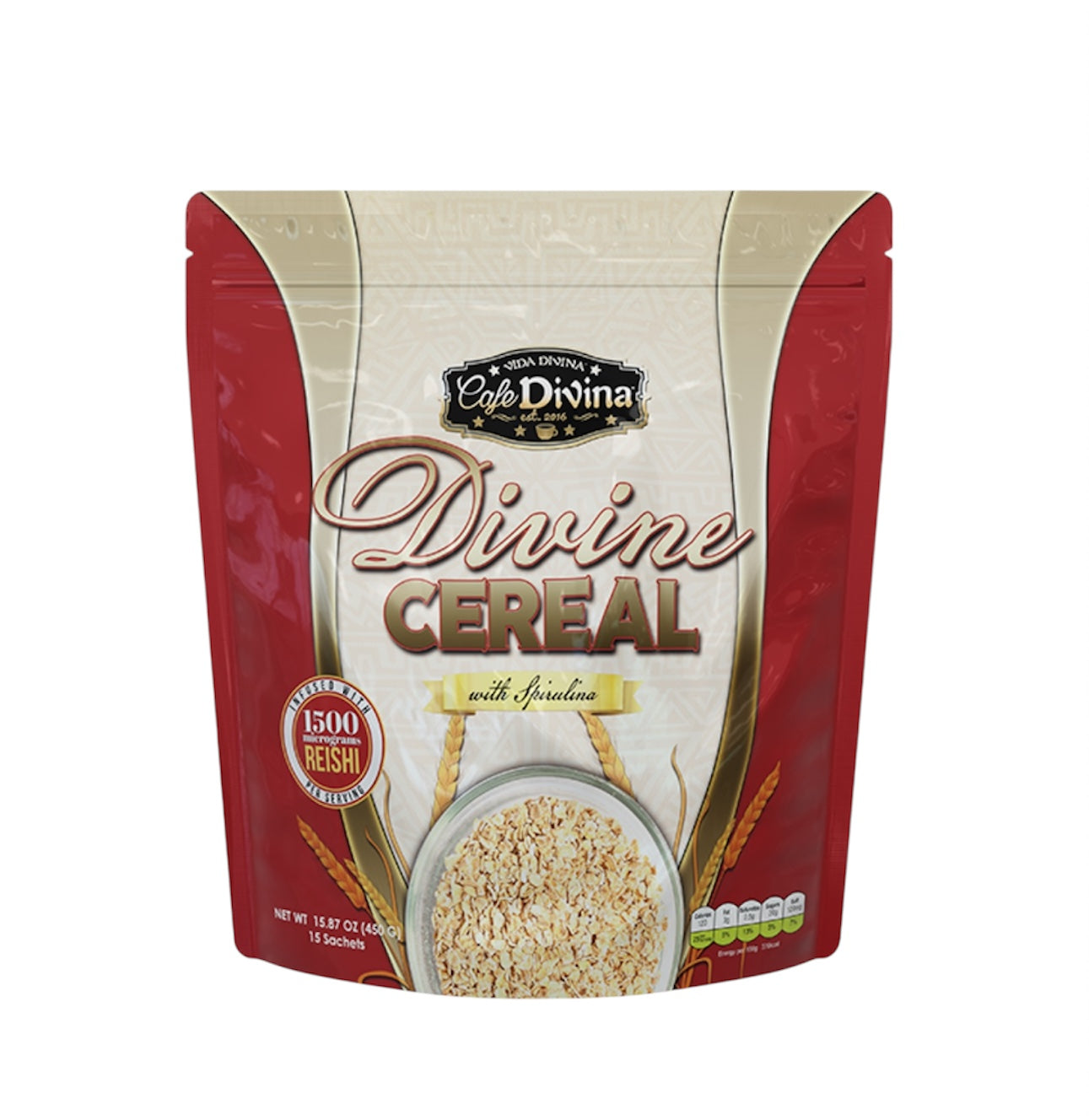 Vida Divina Divine Cereal with Reishi & Spirulina packaging, featuring a bowl of cereal.