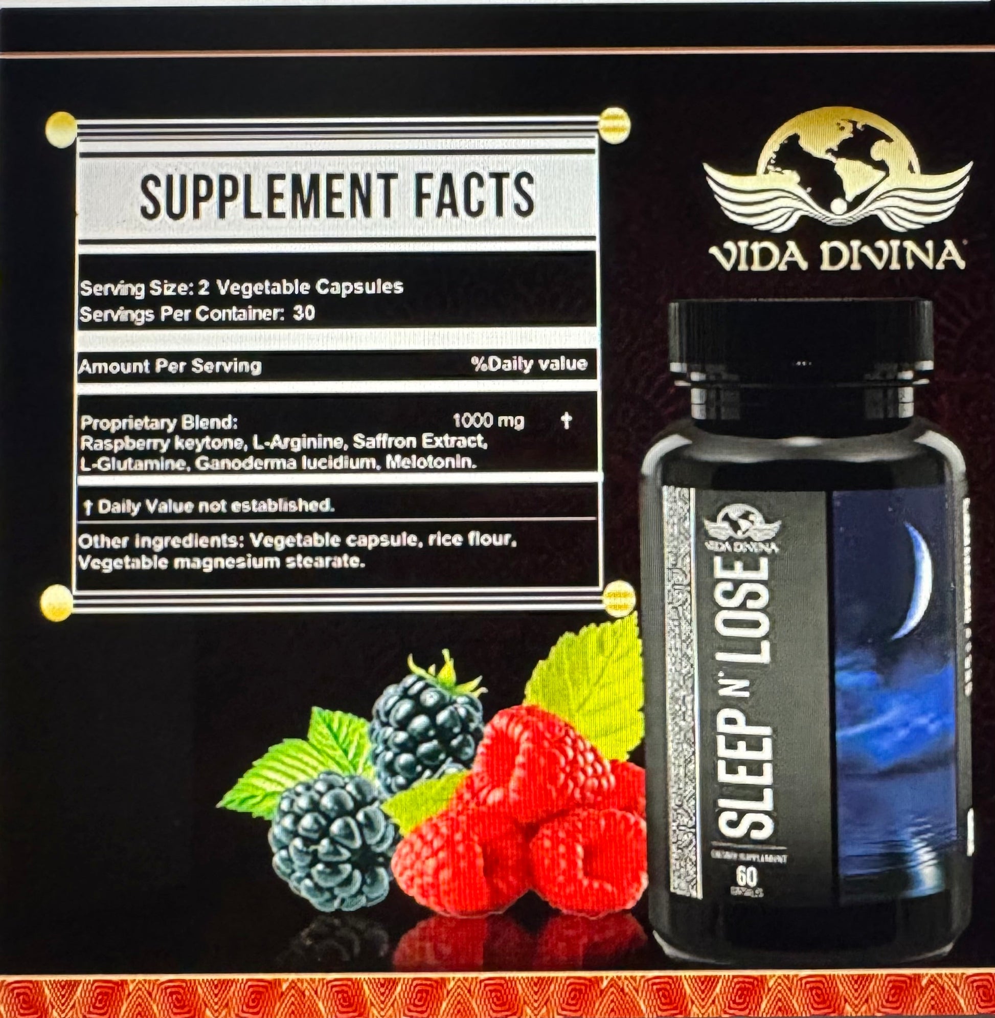 SLEEP N LOSE VIDA DIVINA supplement facts label highlighting sleep quality and weight management, productos naturales.