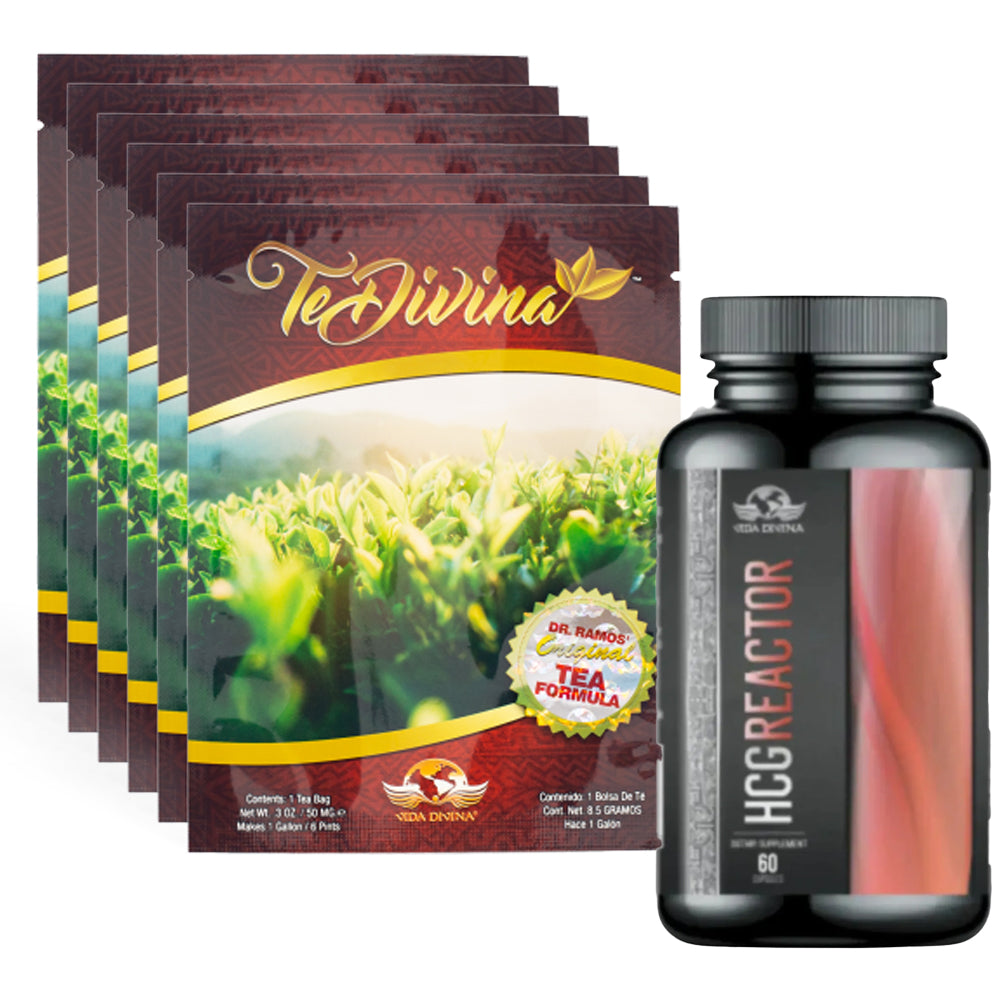Combo – Té Divina Herbal Tea & HCG Reactor Capsules package with multiple tea bags and supplement bottle.