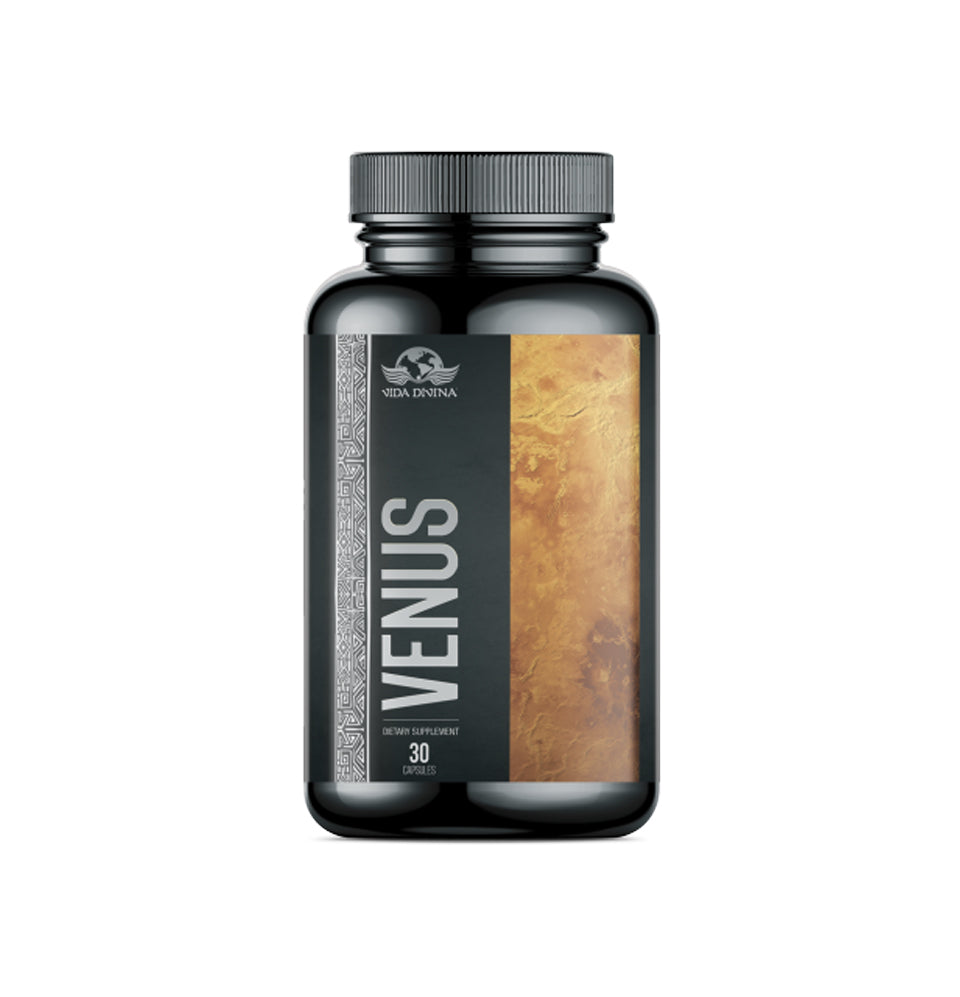 Frasco de suplemento dietético Venus Vida Divina para el bienestar de la mujer.
