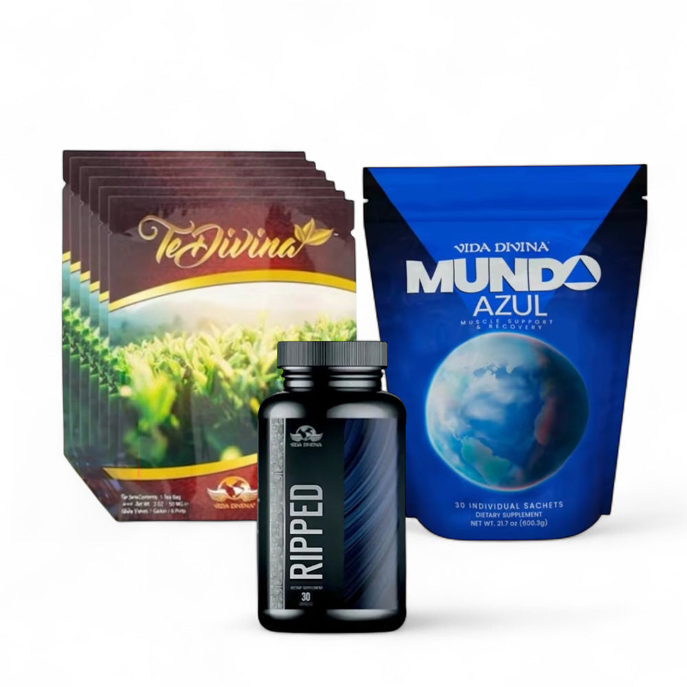 Vida Divina Fitness Pack - Divina Tea, Mundo Azul Protein, Ripped Capsules - Detox, Muscle Recovery & Weight Support